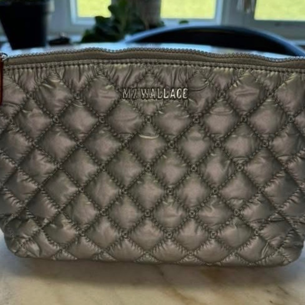 MZ Wallace Cosmetic Case Bag Tin Metallic Silver Neon Yellow Lining